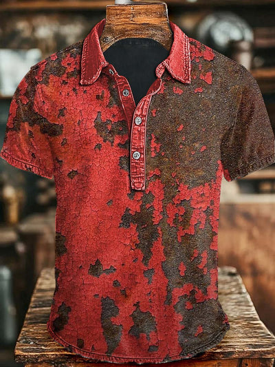 Abstract Rust Crackle Print Casual Short Sleeve Polo Shirt