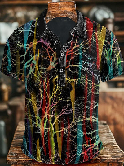 Abstract Colorful Tree Branch Print Casual Short Sleeve Polo Shirt