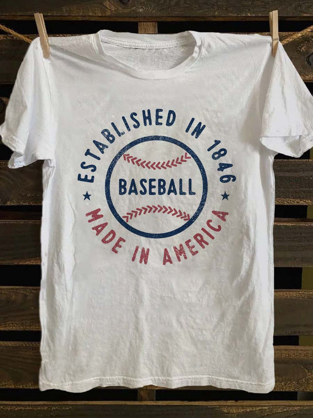 Retro Baseball Print Casual Short Sleeve T-Shirt