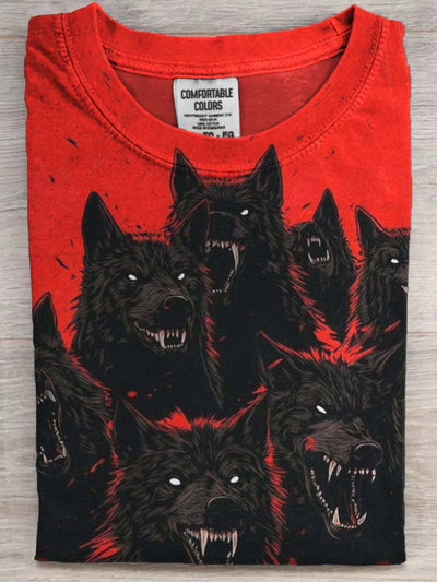 Dark Snarling Wolf Print Casual Short Sleeve T-Shirt