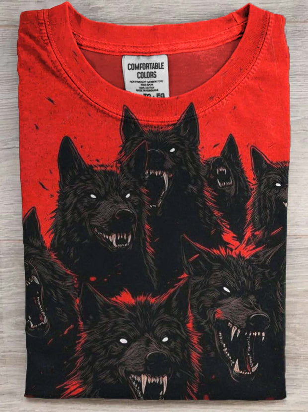 Dark Snarling Wolf Print Casual Short Sleeve T-Shirt