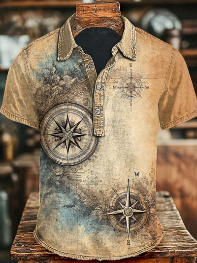 Vintage Nautical Compass Print Casual Short Sleeve Polo Shirt