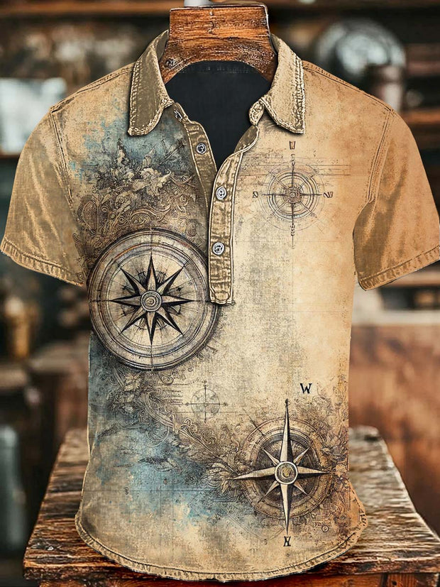 Vintage Nautical Compass Print Casual Short Sleeve Polo Shirt