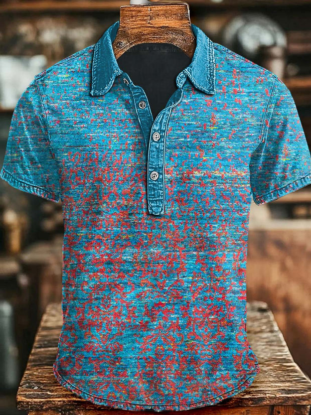 Vintage Floral Gradient Print Casual Short Sleeve Polo Shirt