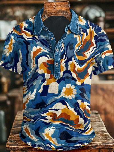 Abstract Swirl Floral Print Casual Short Sleeve Polo Shirt