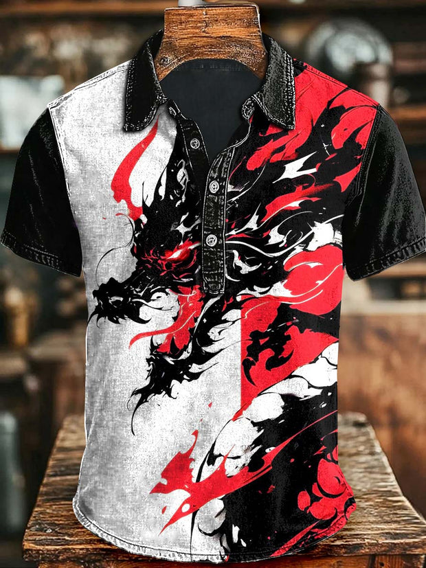 Abstract Gradient Dragon Print Casual Short Sleeve Polo Shirt