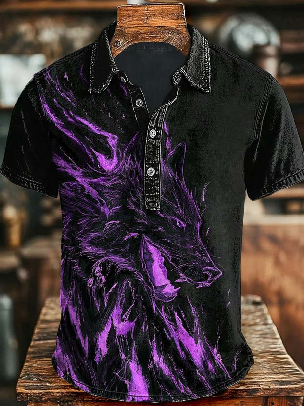 Line Roaring Wolf Print Casual Short Sleeve Polo Shirt