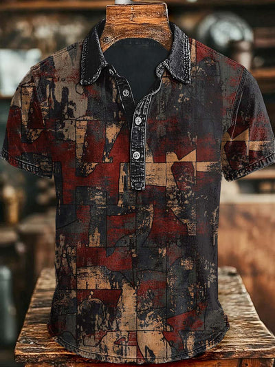 Vintage Jigsaw Print Casual Short Sleeve Polo Shirt