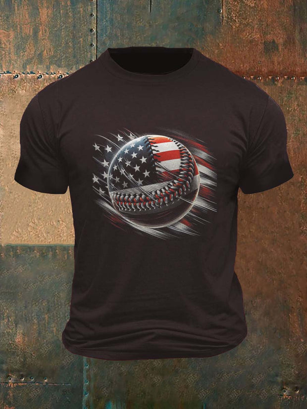 American Flag Baseball Print Casual Short Sleeve T-Shirt