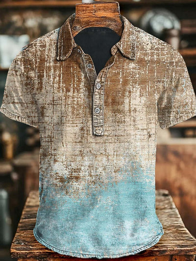 Vintage Aged Gradient Print Casual Short Sleeve Polo Shirt
