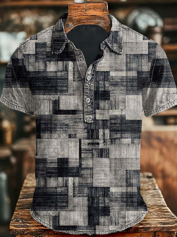Abstract Irregular Square Print Casual Short Sleeve Polo Shirt