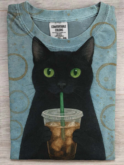 Cute Cat Drinking Coffee Print Short Sleeve T-Shirt