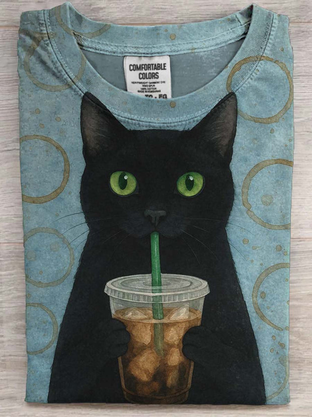 Cute Cat Drinking Coffee Print Short Sleeve T-Shirt