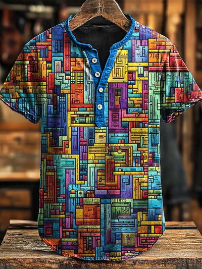 Colorful Irregular Geometric Print Short Sleeve Polo Shirt