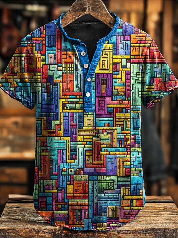 Colorful Irregular Geometric Print Short Sleeve Polo Shirt