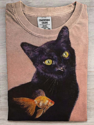 Cat Goldfish Print Casual Short Sleeve T-Shirt