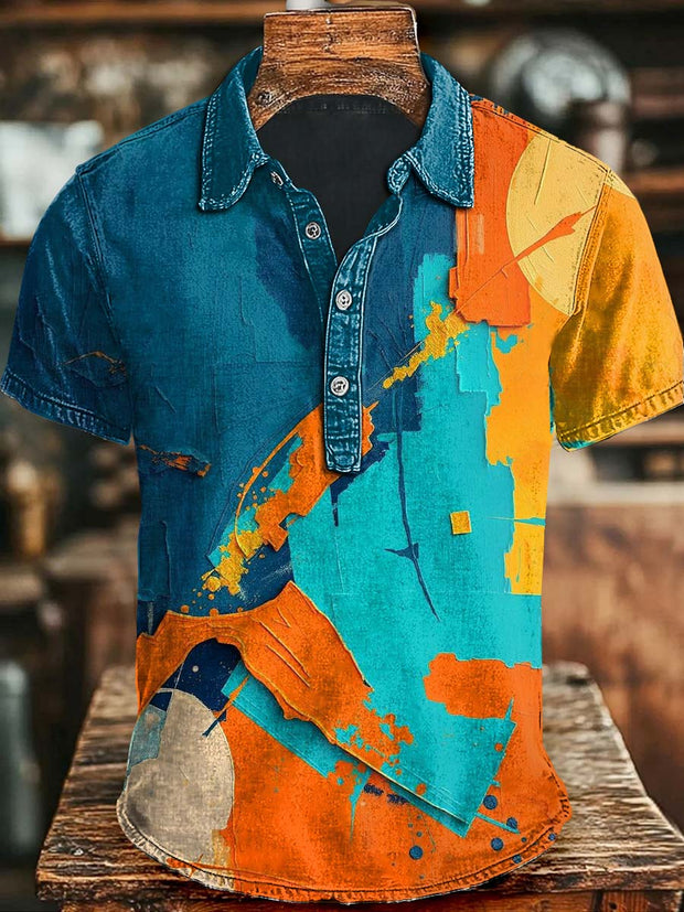 Abstract Color Block Art Patchwork Printed Short Sleeve Polo Shirt