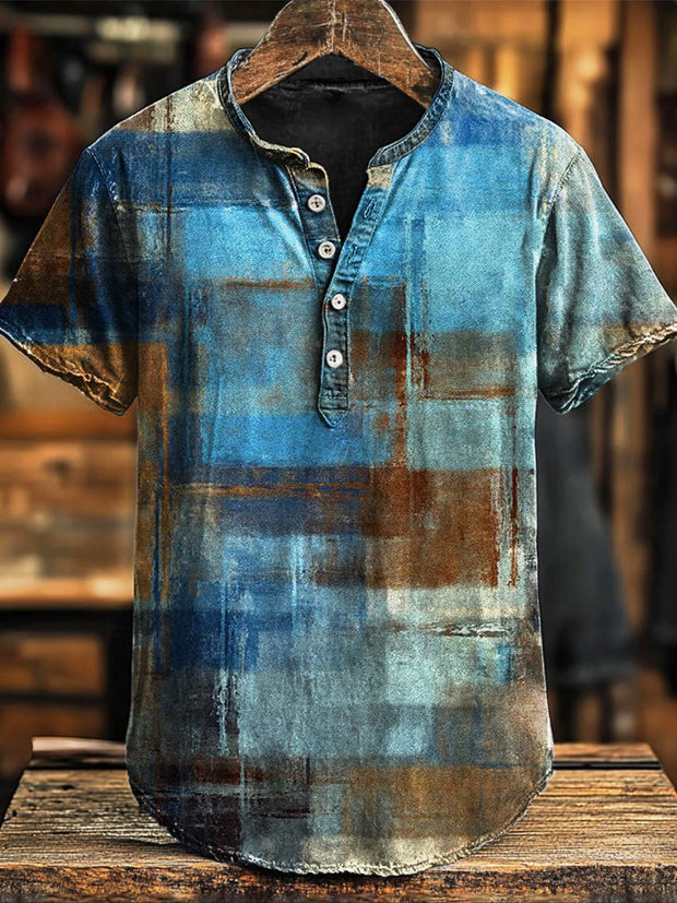 Vintage Gradient Color Block Print Short Sleeve Polo Shirt