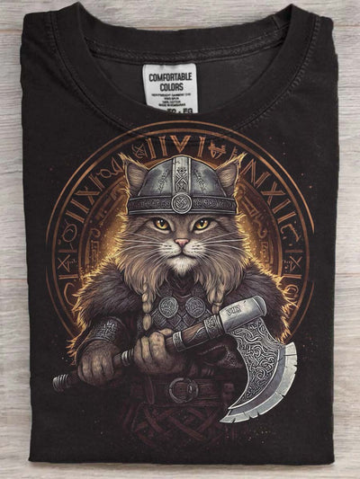 Viking Cat Print Casual Short Sleeve T-Shirt
