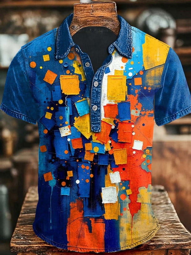 Abstract Color Block Art Patchwork Printed Short Sleeve Polo Shirt