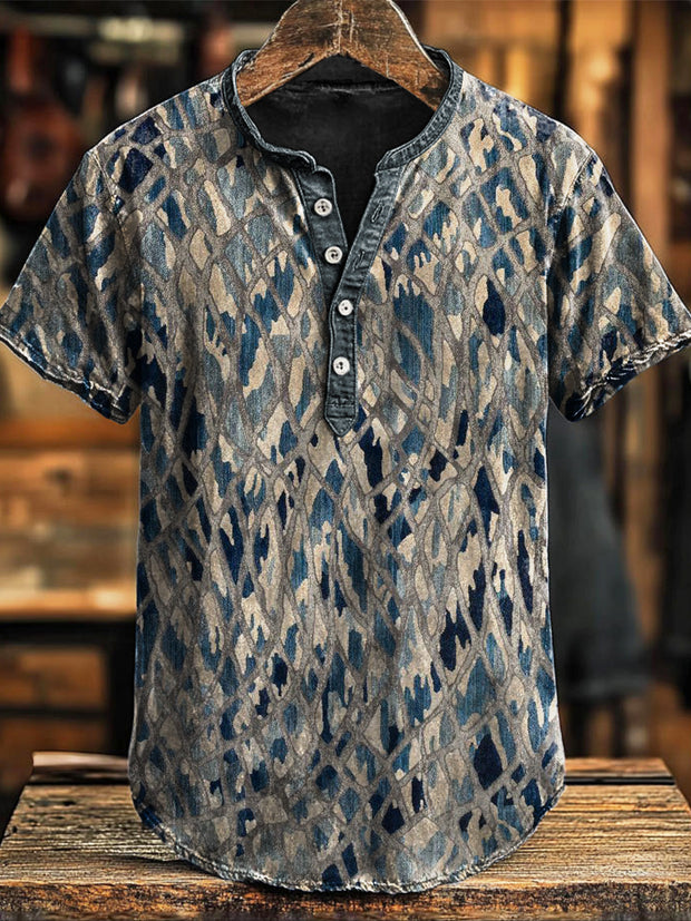 Vintage Irregular Pattern Print Short Sleeve Polo Shirt