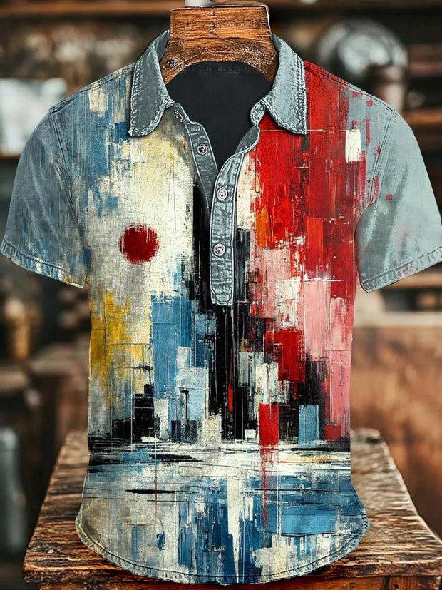 Abstract Color Block Art Patchwork Printed Short Sleeve Polo Shirt