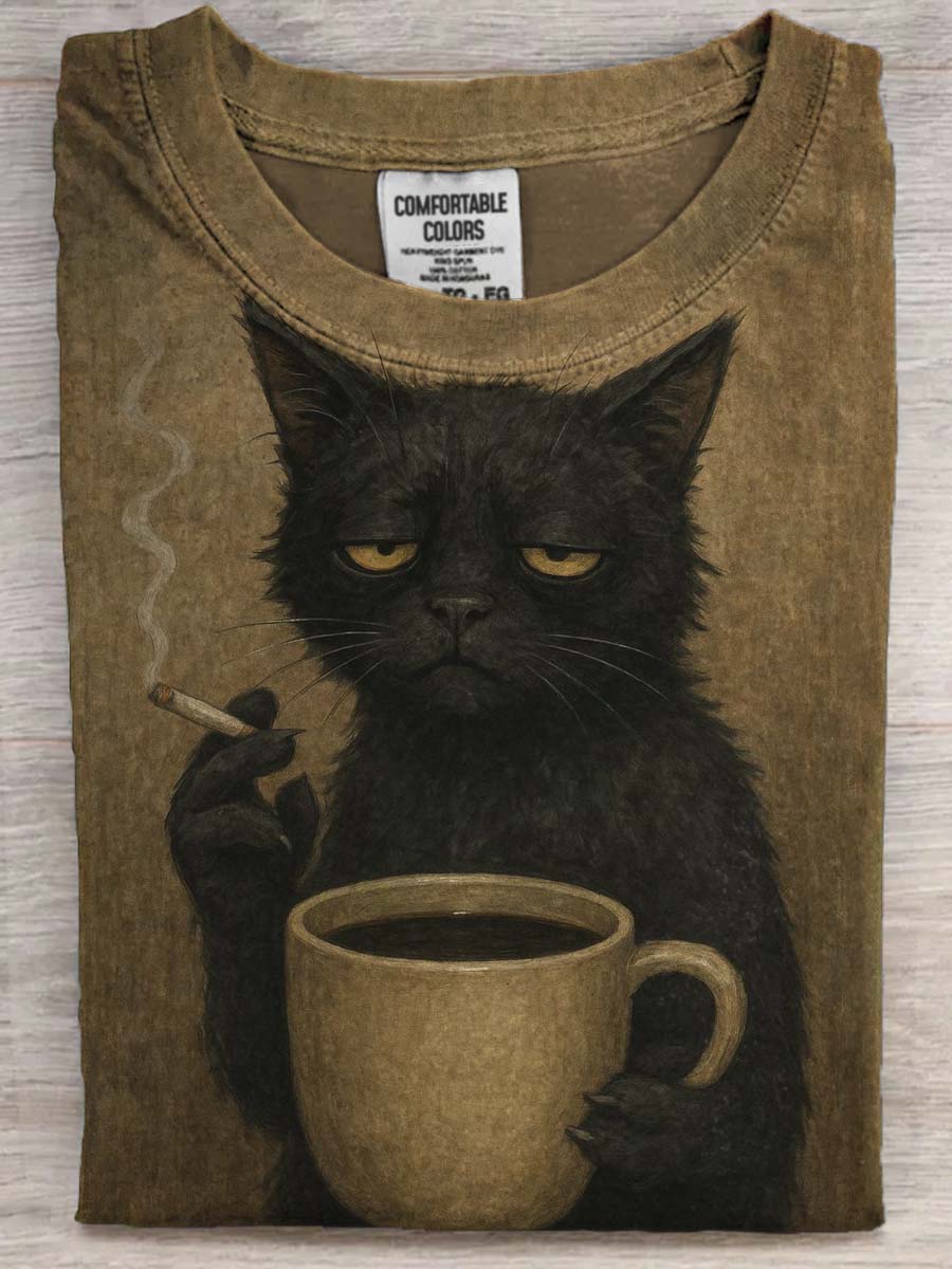 Good Morning Cat Print Casual Short Sleeve T-Shirt