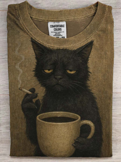 Good Morning Cat Print Casual Short Sleeve T-Shirt