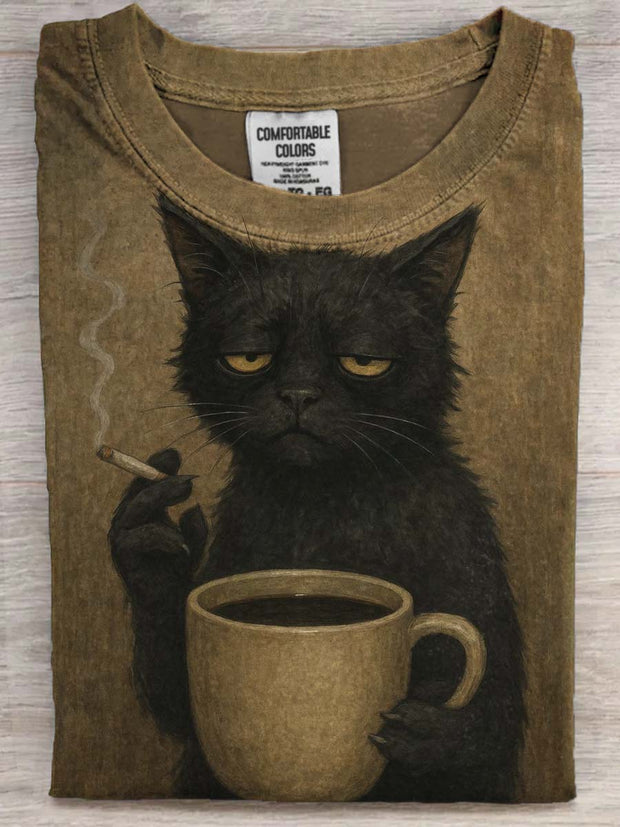 Good Morning Cat Print Casual Short Sleeve T-Shirt