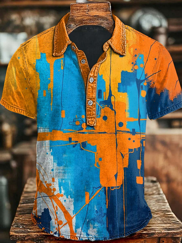 Abstract Color Block Art Patchwork Printed Short Sleeve Polo Shirt