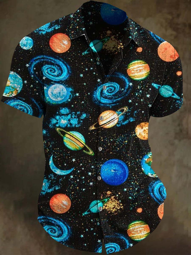 Galactic Planet Print Casual Short Sleeve Shirt