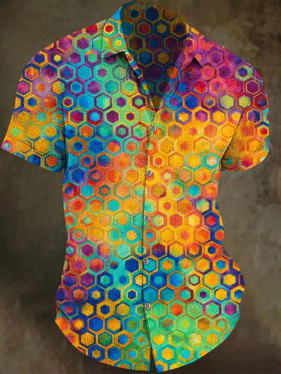 Color gradient geometric print casual short sleeve shirt