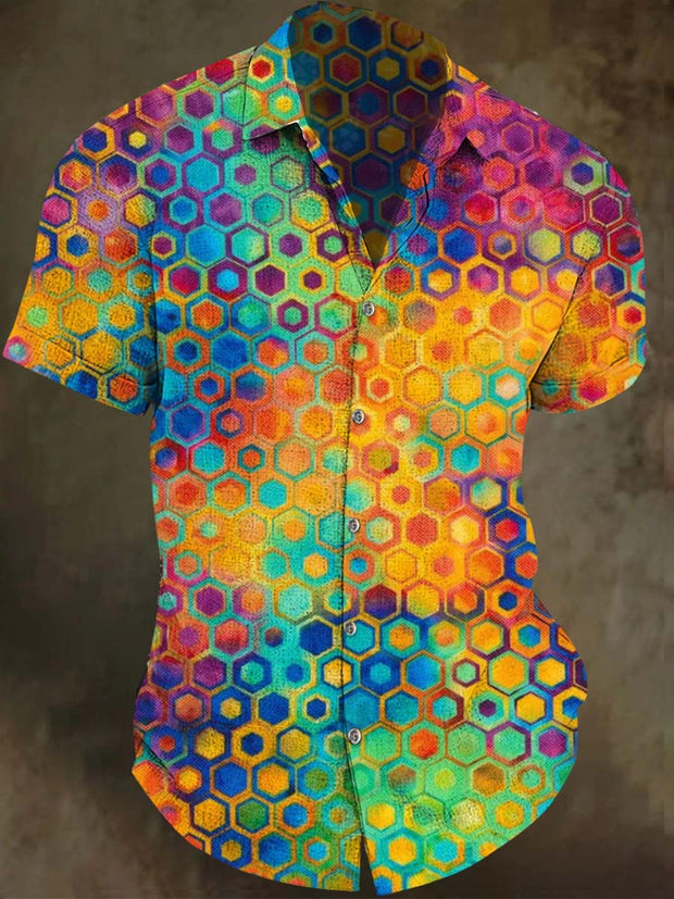 Color gradient geometric print casual short sleeve shirt