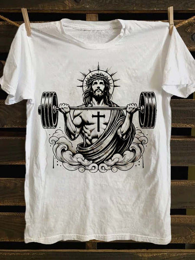 Funny Weightlifting Jesus Print Casual Short Sleeve T-Shirt
