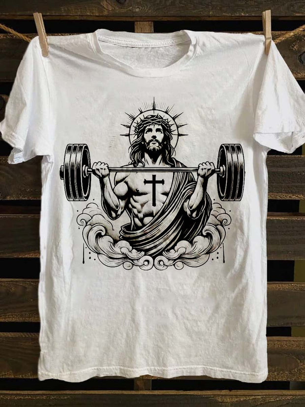 Funny Weightlifting Jesus Print Casual Short Sleeve T-Shirt