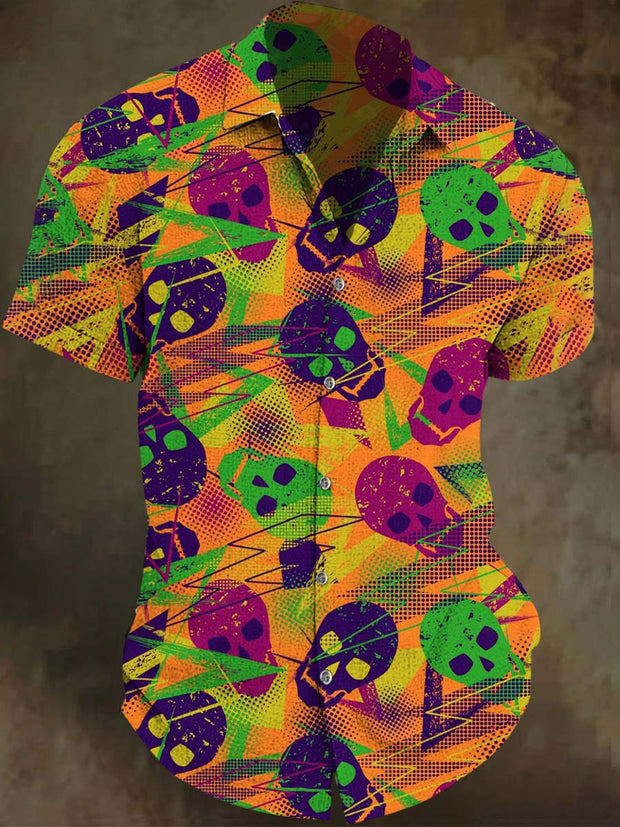 Abstract Colorful Skull Print Casual Short Sleeve Shirt