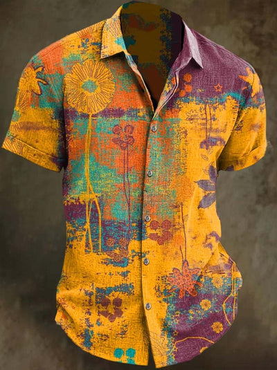 Vintage Abstract Art Floral Print Casual Short Sleeve Shirt