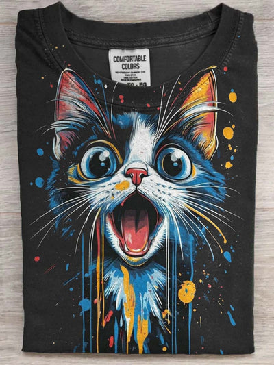 Cute Black Cat Print Casual Short Sleeve T-Shirt