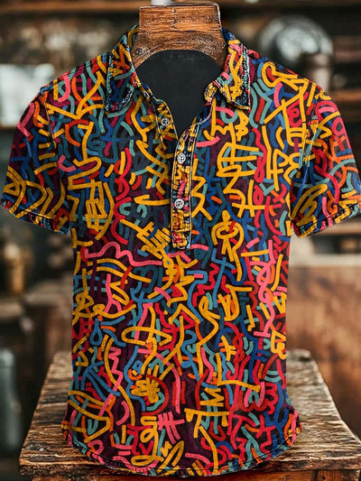Abstract Color Line Print Casual Short Sleeve Polo Shirt