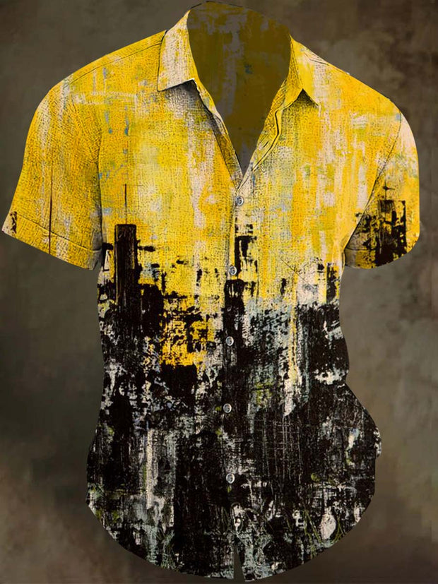 Art Oil Painting Patchwork Print Casual Short Sleeve Shirt