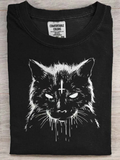 Dark Cat Print Casual Short Sleeve T-Shirt