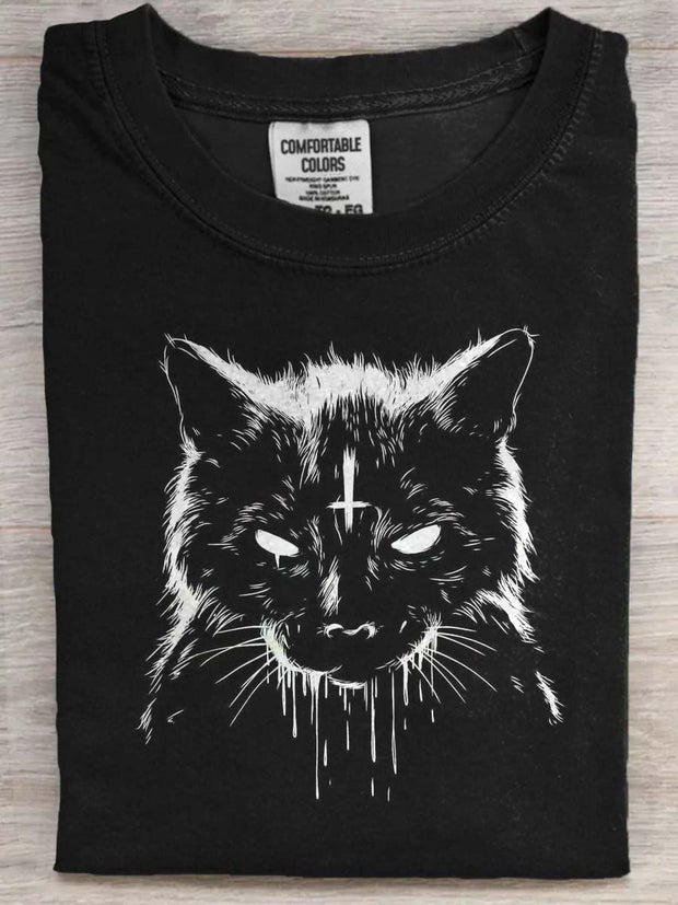 Dark Cat Print Casual Short Sleeve T-Shirt