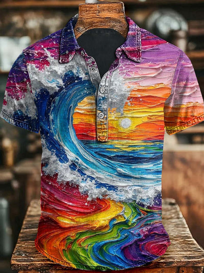 Abstract Colorful Wave Print Casual Short Sleeve Polo Shirt