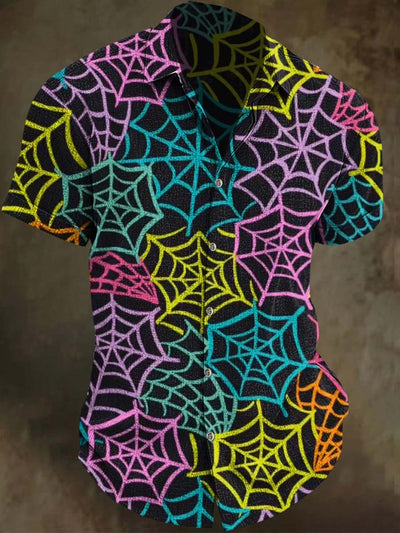 Colorful Abstract Spider Web Print Casual Short Sleeve Shirt