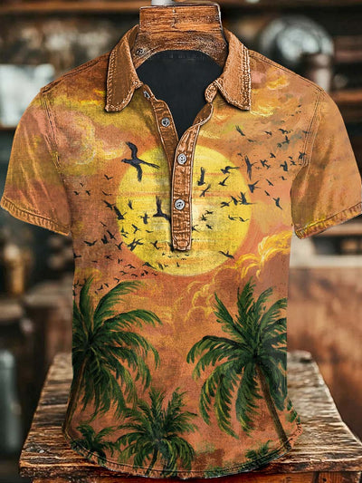 Retro Sunset Print Casual Short Sleeve Polo Shirt