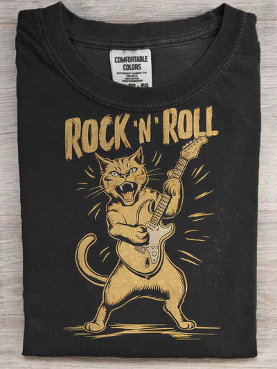 Crazy Rocker Cat Print Casual Short Sleeve T-Shirt