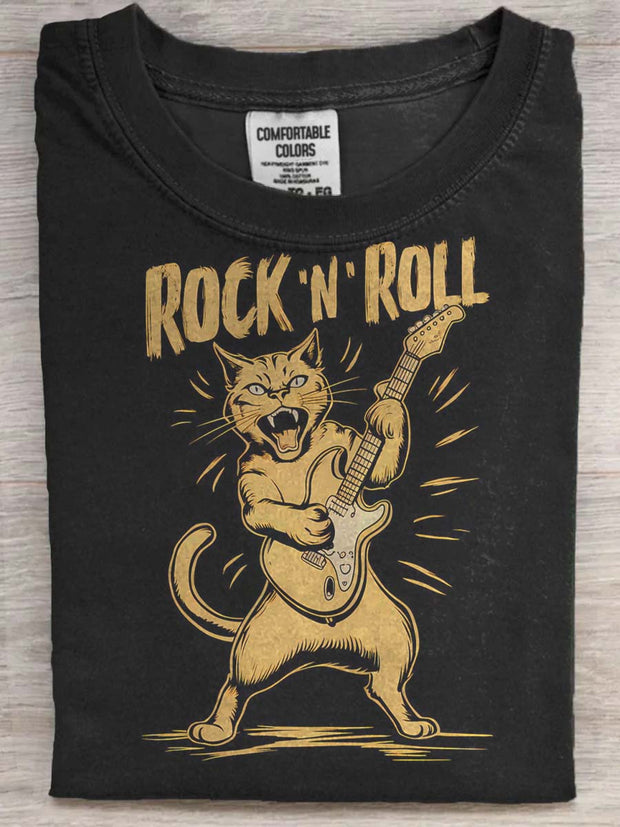 Crazy Rocker Cat Print Casual Short Sleeve T-Shirt