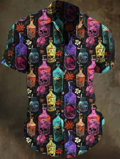 Colorful Abstract Skull Print Casual Short Sleeve Shirt