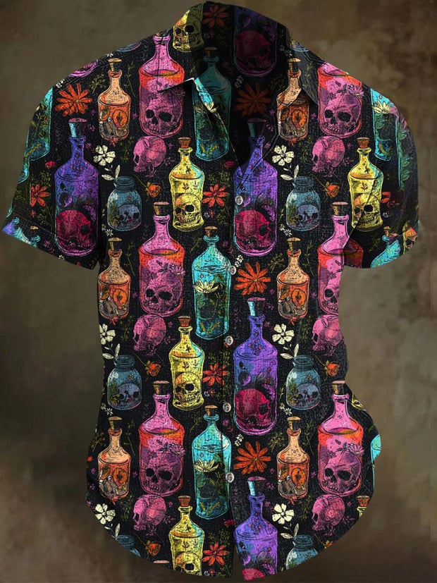 Colorful Abstract Skull Print Casual Short Sleeve Shirt