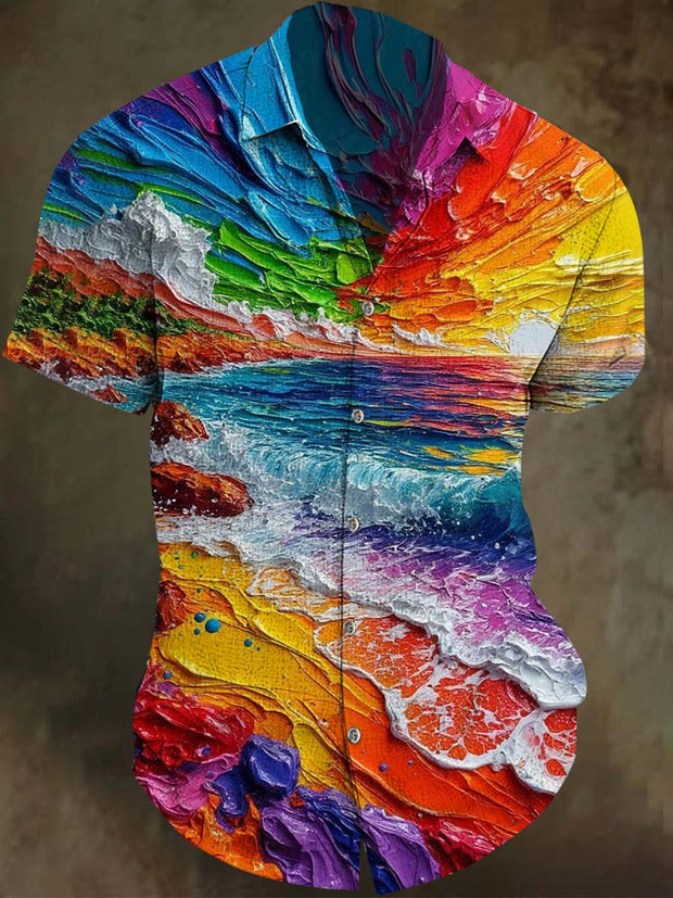 Colorful Abstract Oil Painting Beach Print Casual Short Sleeve Shirt